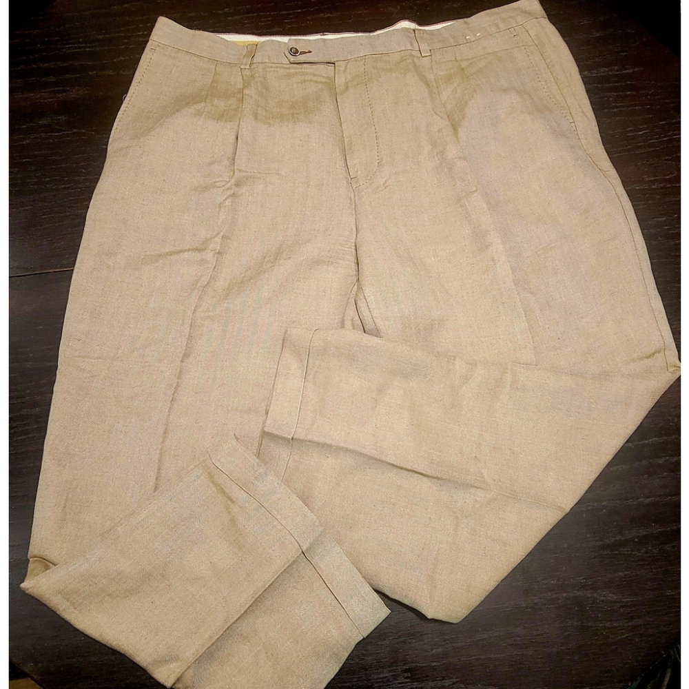 Tommy Bahama Khaki Pleated Pants Mens 42x34 Silk Linen Blend Tan True: 40x27
